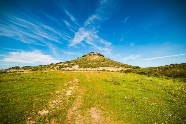 Green hill under a blue sky in Sardinia Italy