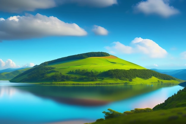 A green hill by the lake with a blue sky and clouds