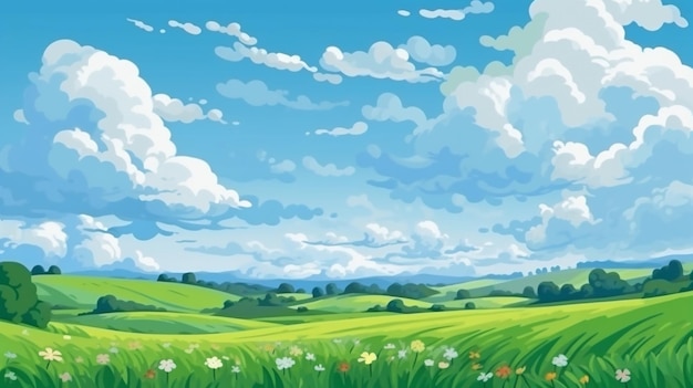 写真 青い空と緑の丘