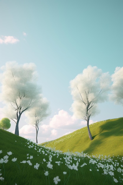 A green hill with trees and a blue sky with clouds