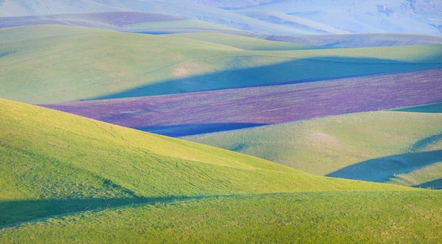 Зеленые холмы и пашня. Весенний сельский пейзаж.