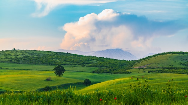 Green hills and farm fields by the mountains