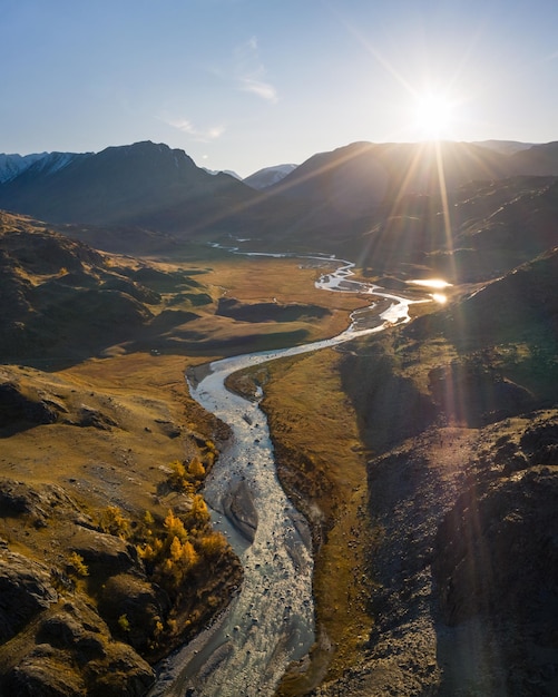 Green Hills, Mountains, Larches and River in Autumn at Sunset. Aerial View. Kosh-Agachsky District, The Altai Mountains, Russia.