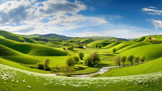 Green hills and spring flowers landscape
