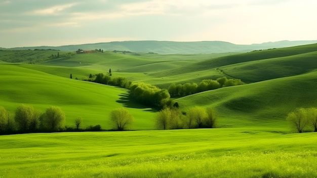 曇り空の春の緑の丘