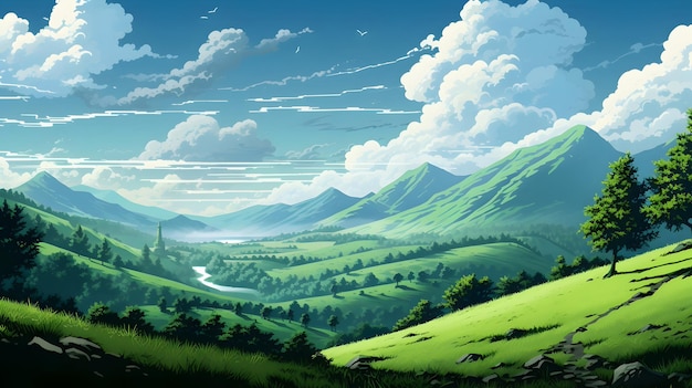 green hills and trees landscape illustration