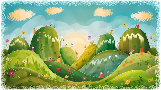 green hills whimsical illustration for children book