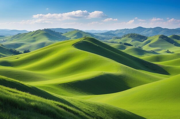 写真 青い空の緑の丘