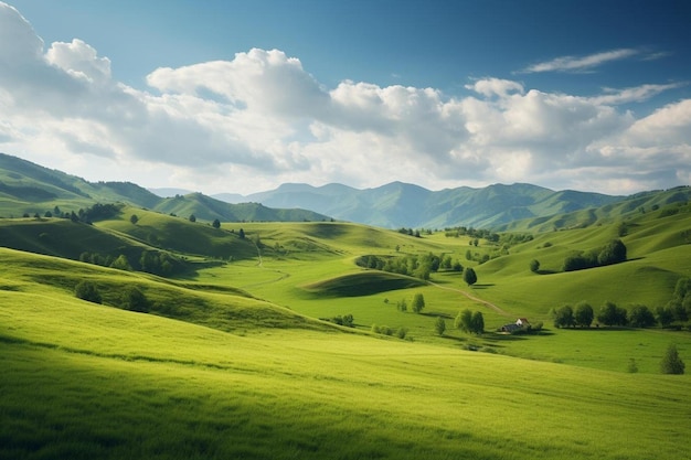 緑の丘と緑の谷と山の背景