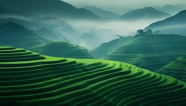 A green hillside with a mountain in the background