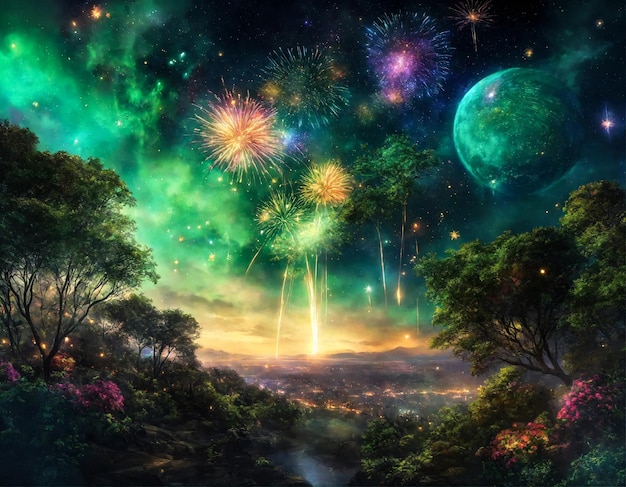 초록색 축제 불꽃놀이 배경과 반이는 색의 별과 밝은 안개 검은 밤 하늘 우주 놀라운 아름다움 화려한 불꽃놀이는 축제에서 축제 배경을 보여줍니다.