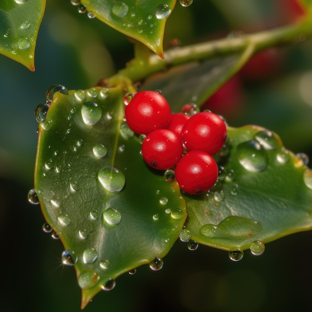 A green holly with red berries and water droplets on it