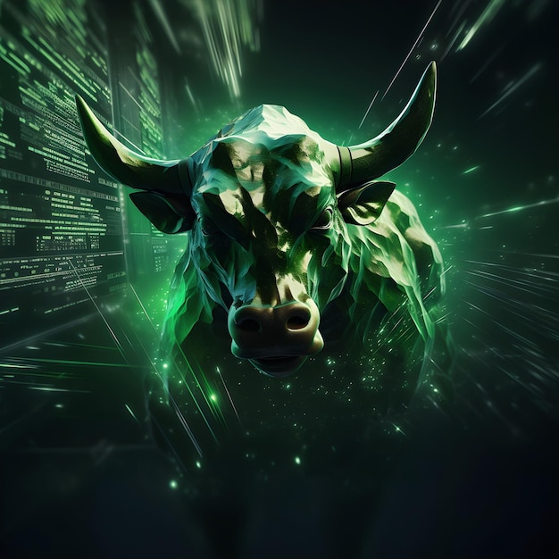 Green Holographic abstract background of 3D bull with up trend of graph