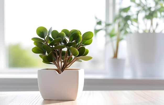 Green home plant on white pot on white wooden table over blurred