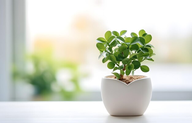 Green home plant on white pot on white wooden table over blurred