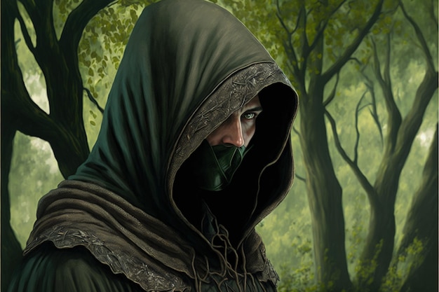 Green hooded archer with forest background Generative AI