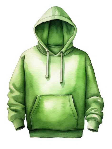 Green hoodie isolated on white background in watercolor style