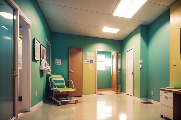 A green hospital corridor with a chair and a door that says'hospital'on it