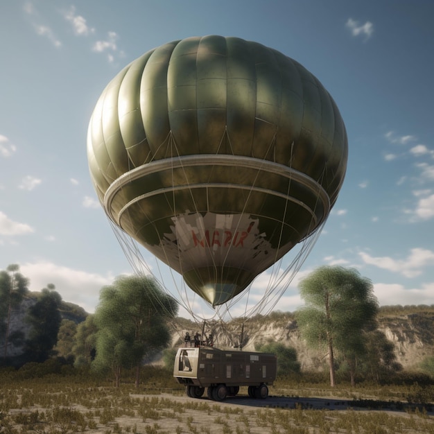 A green hot air balloon with the word " air " on it.