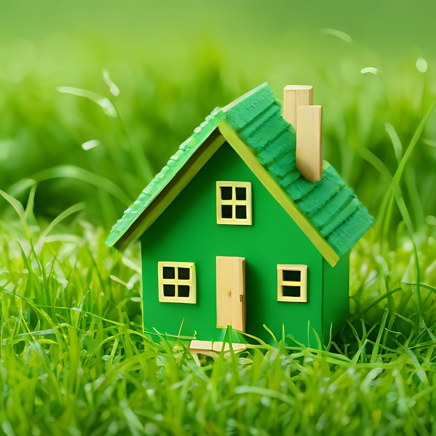 Foto una casa verde nell'erba con una casa verde sullo sfondo