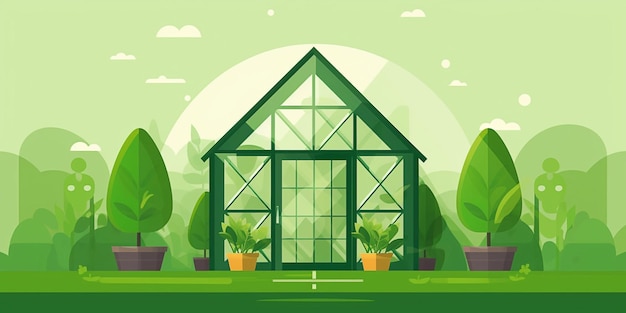 Green house green background flat illustration generative ai