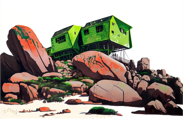 Green house on large boulders