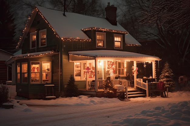 A green house with christmas lights on the porch