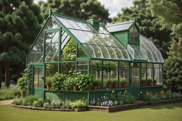 A green house with a green house on the front