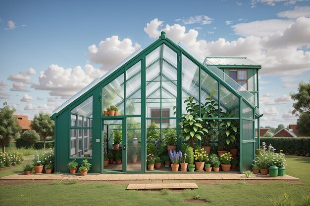 A green house with a green house on the front