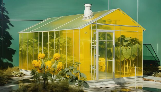 Photo a green house with solar panels and a brush swept on the roof in the style of kodak ultramax