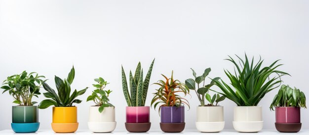 Photo green houseplants in colorful pots s on white background