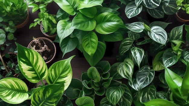 Photo green houseplants top view background generative ai design concept