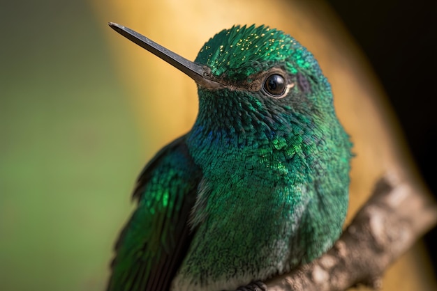 Foto un colibrì verde si trova su un ramo di un albero in questo primo piano