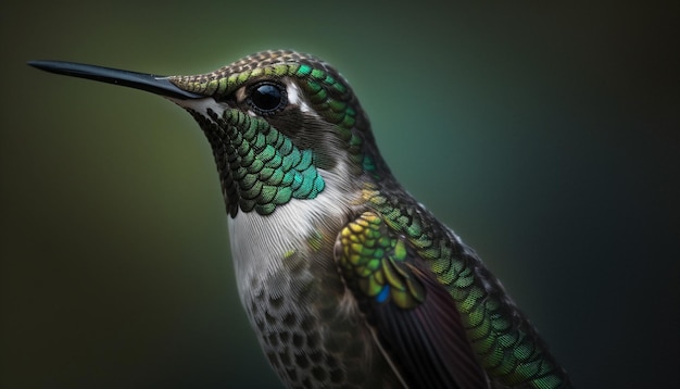 Green hummingbird perching on branch iridescent feathers selective focus generated by artificial intelligence