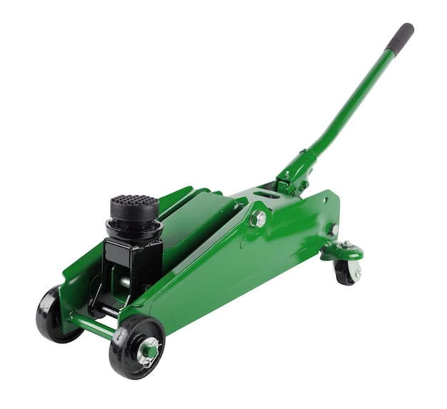 Green hydraulic car jack isolated on white background