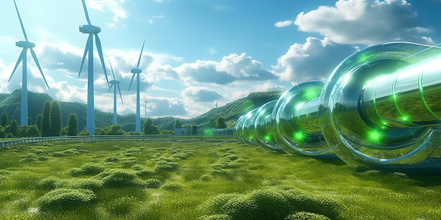 Photo green hydrogen pipeline wind turbines in modern style modern for concept design green energy production electricity equipment generative ai