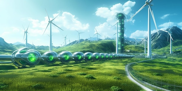 Photo green hydrogen pipeline wind turbines in modern style modern for concept design green energy production electricity equipment generative ai
