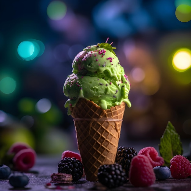 A green ice cream cone with a blueberry on top.