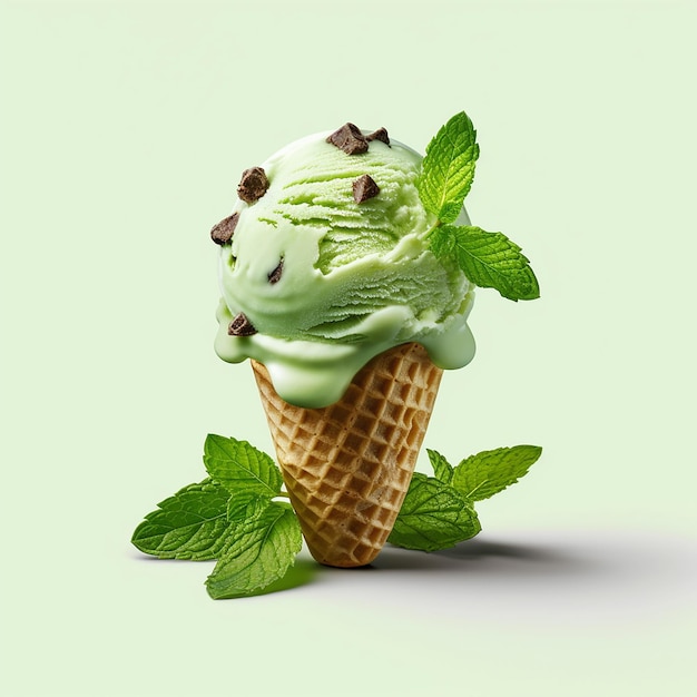 A green ice cream cone with mint leaves and a mint leaf on it.