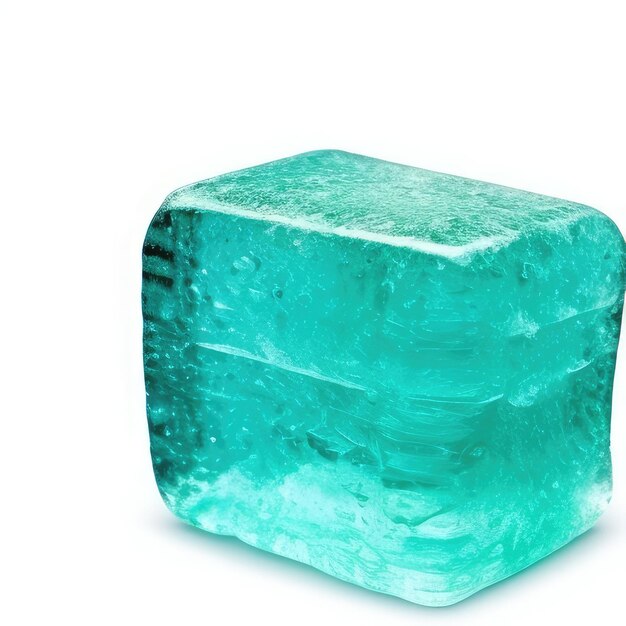 A green ice cube that is on a white background