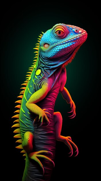 Photo green iguana animal neon light ai generated photo