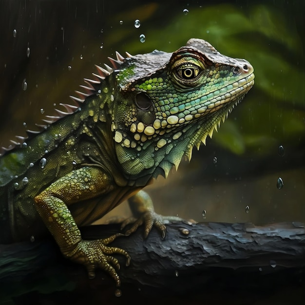 A green iguana is sitting on a branch in the rain.