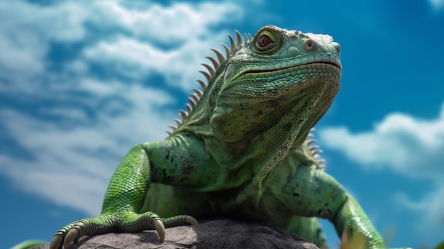 Green iguana lizards animals reptiles rock sky clouds Generative ai