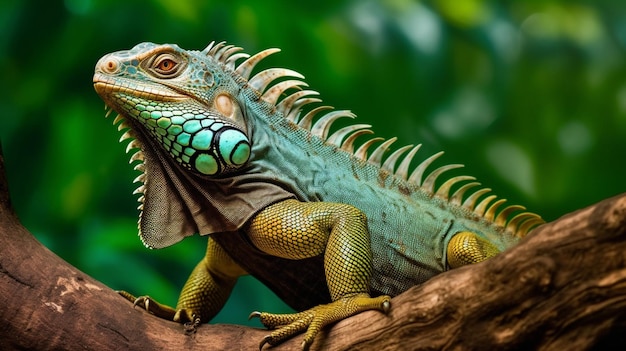 A green iguana sits on a branch in a jungle