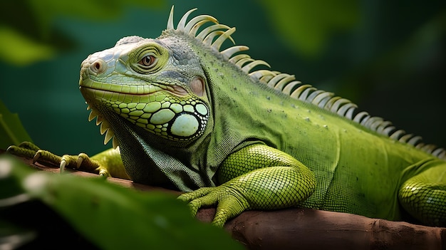 A green iguana sits on a green leaf