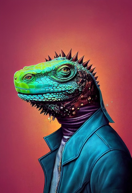 A green iguana with a blue jacket and the word lizard on it.