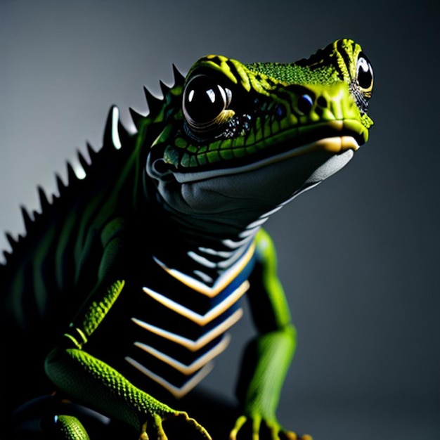 A green iguana with a white background and black and white stripes.