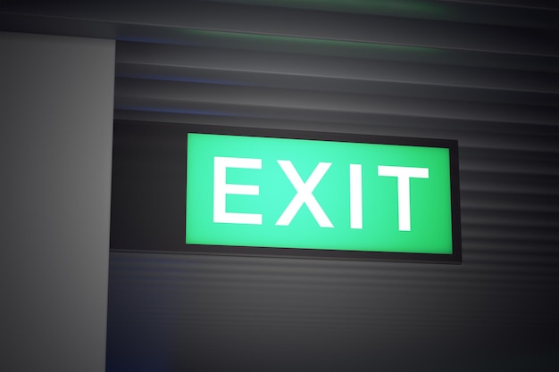 Foto segnale di uscita illuminato di verde su sfondo scuro primo piano uscita dall'edificio presso l'aeroporto dell'hotel ospedale o ufficio illustrazione 3d