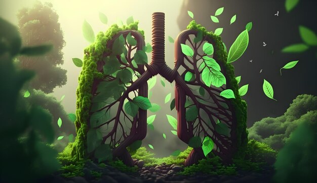 A green illustration of lungs with leaves on the ground