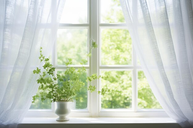 窓のそばにある緑の室内植物半透明の白いカーテンでジェネレーティブAI